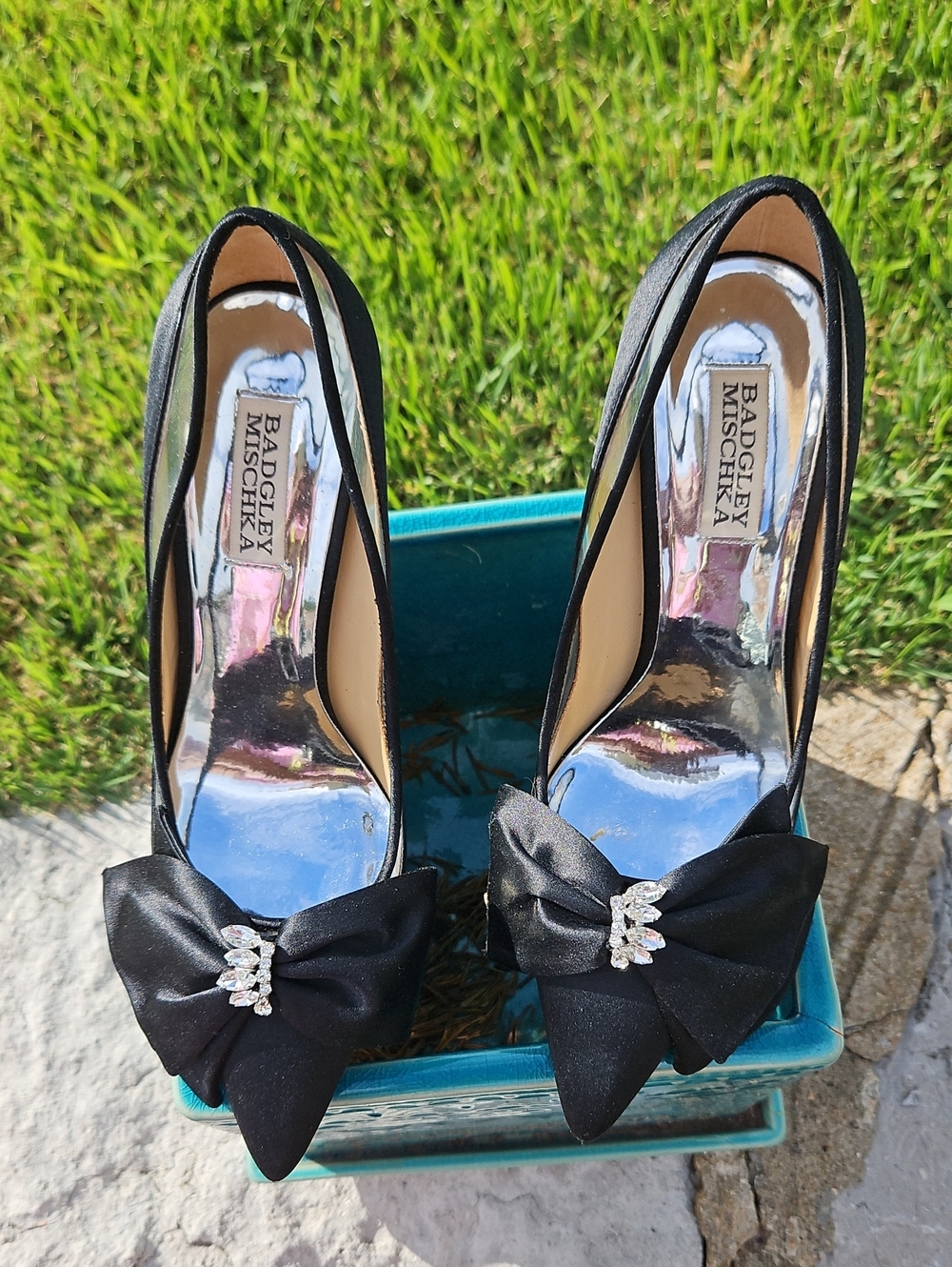 Badgley Mischka Black Satin Pointed Toe Bow Pumps with Crystal Accent